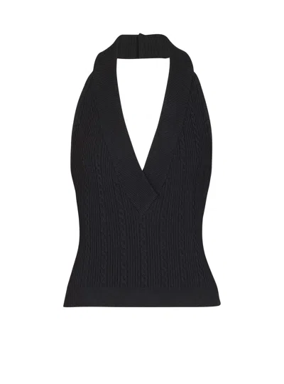 Balmain Ribbed Cable-knit Halterneck Top In Black