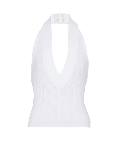 Balmain Cable Knit Halterneck Cropped Top In White