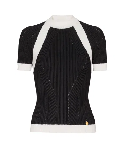 Balmain Ribbed Panelled Knit Top In Black
