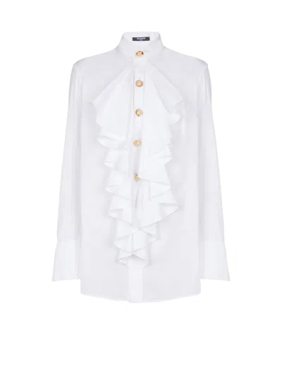 Balmain Ruffled Poplin Shirt In White