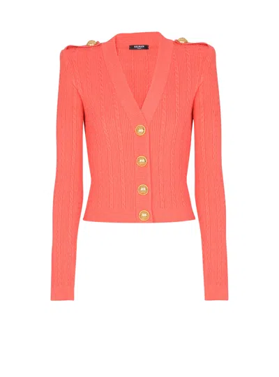 Balmain Long-sleeved Cable-knit Cardigan In Orange