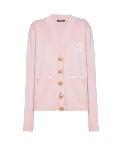 Balmain Emblem Embroidered Knit Cardigan In Pink