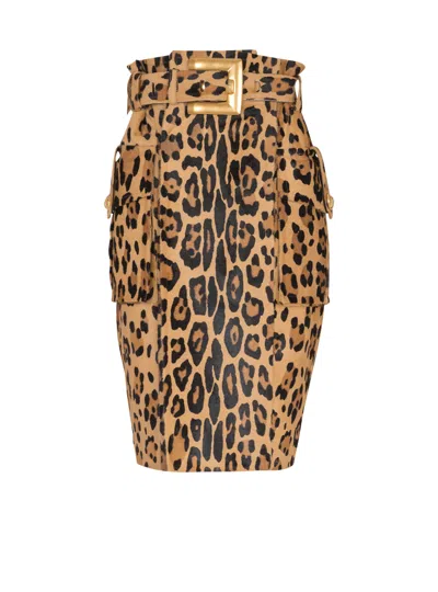 Balmain Ponyskin-style Leather Midi Skirt With Leopard Pattern In Brown