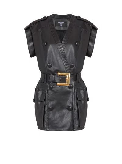 Balmain Lambskin Leather Short Belted Dress In Black