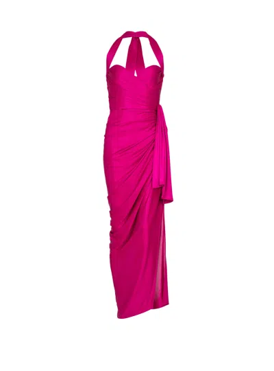 Balmain Flowing Draped Interlock Jersey Dress In Pink