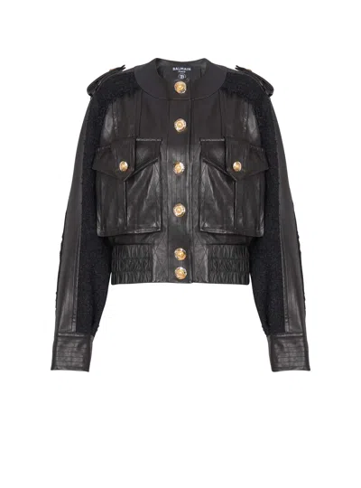 Balmain Quilted Leather And Tweed Bomber Jacket In Black