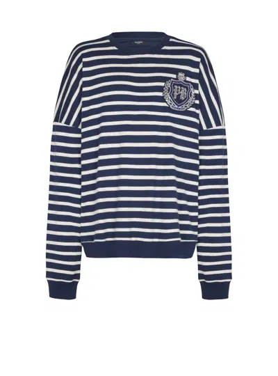 Balmain Cotton College Emblem Sweatshirt With Breton Stripes In Blue
