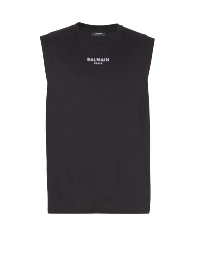Balmain Black Crewneck Sleeveless Top With Logo Lettering Embroidery On The Front In Black
