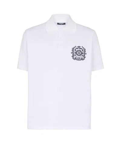 Balmain Cotton Crest Print Polo Shirt In White
