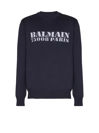 Balmain Stamp Merino Wool Jumper In Blue