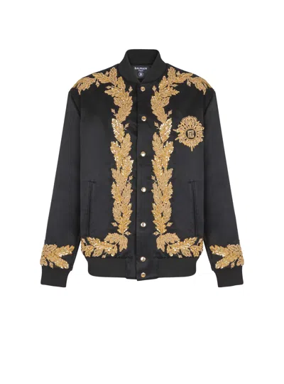 Balmain Embroidered Cupro Bomber Jacket In Black