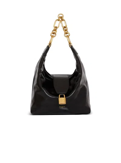 Balmain Sync Hobo Bag In Calfskin Leather In Black