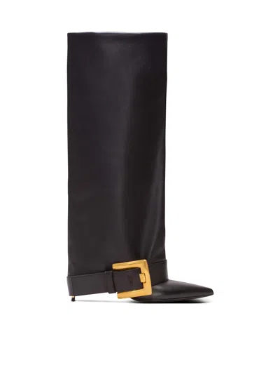 Balmain Knee-high Stiletto Boots Buckle Detail In Black