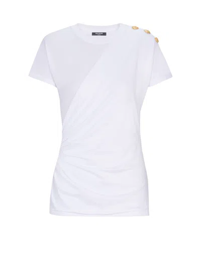 Balmain Cotton T-shirt With Button Detail And Draped Design In White