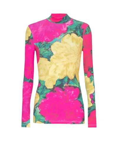 Balmain Printed High-neck Top In Pink