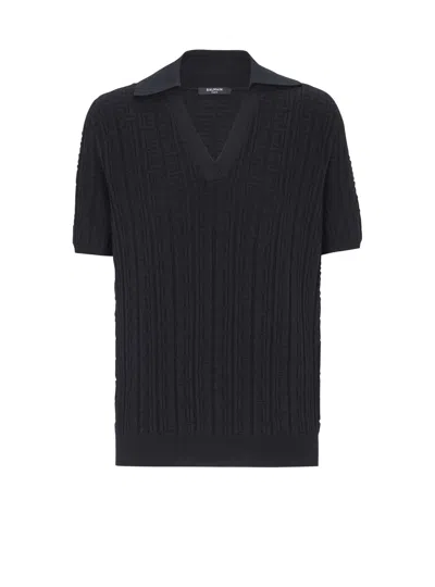 Balmain Monogram Knit Polo In Black