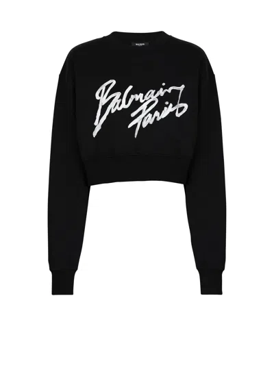 Balmain Cropped Printed Cotton Sweatshirt In Black