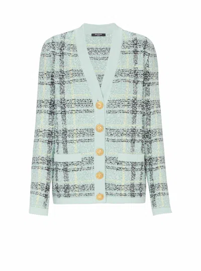 Balmain Loose Glitter Tweed Cardigan In Green