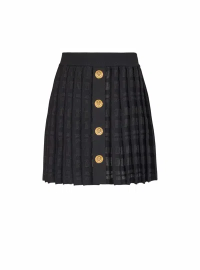 Balmain Short Pleated Skirt In Plaid Knit In Black