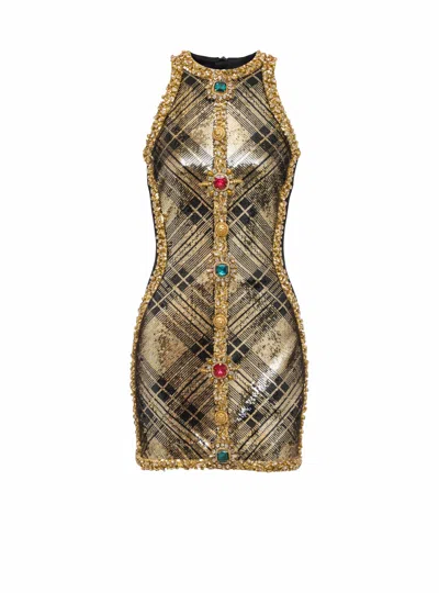 Balmain Short Sleeveless Dress With Plaid Embroidery In Gold