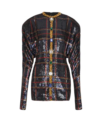 Balmain Sequin-embellished Plaid Dress In Multi