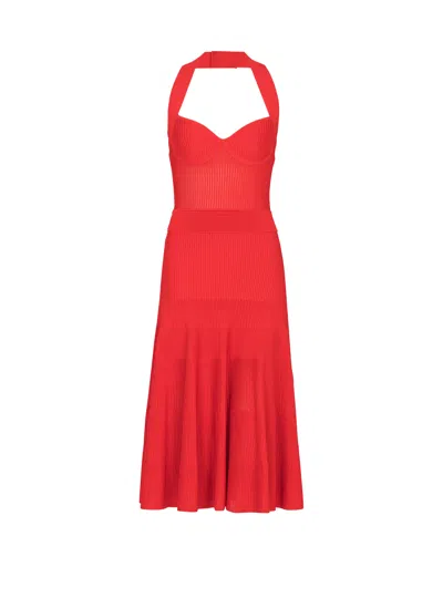 Balmain Halterneck Pleated Knit Midi Dress In Burgundy