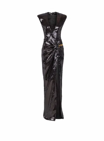 Balmain Long Draped Sequin Dress With Embellished Detail In Black