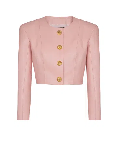 Balmain Long Sleeves Buttoned Lambskin Cropped Jacket In Multi