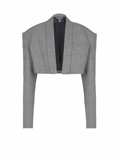 Balmain Cropped Jacket In Prince Of Wales Jacquard In Gray