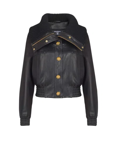 Balmain Lambskin And Knit Bomber Jacket In Black