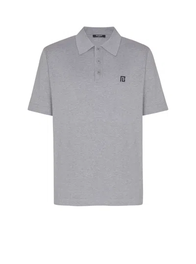 Balmain Embroidered Cotton Polo In Gray