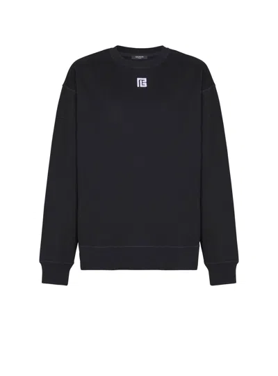 Balmain Cotton Sweatshirt With Pb Embroidery In Black