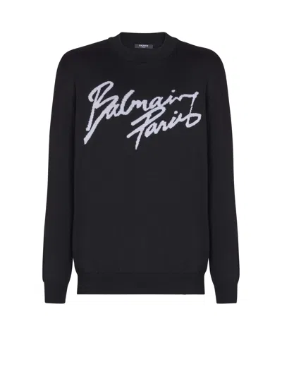 Balmain Paris Logo Intarsia Merino Wool Blend Sweater In Black