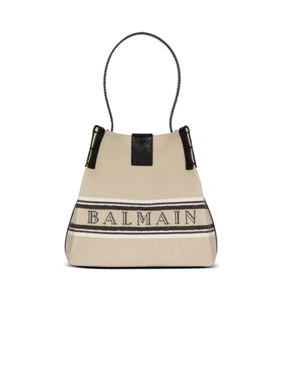 Balmain Release Bucket Bag In Canvas And Calfskin In Neutral