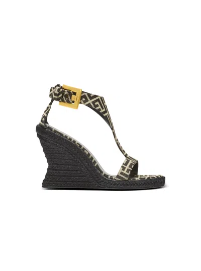 Balmain Anthem Wedge Espadrilles In Monogram Jacquard In Black