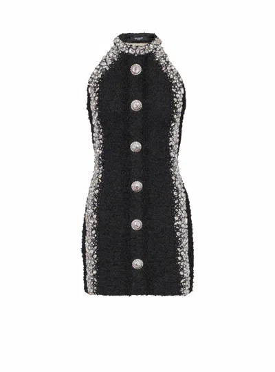 Balmain Sl Buttoned Embroidered Short Dress In Black