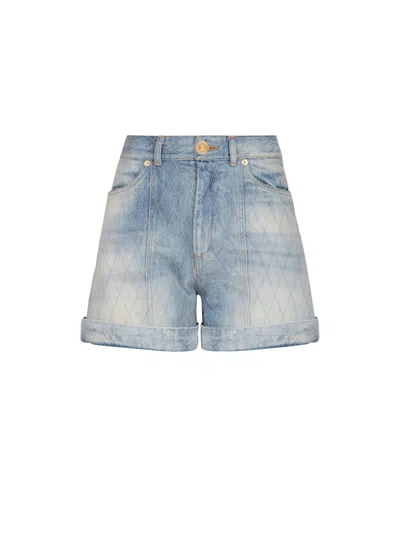 Balmain Rolled Hem Denim Shorts With Diamond Stitched Pattern In Blue