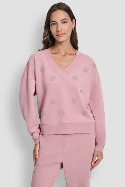 Dkny Women's Allover Stack Rhinestone V-neck Sweatshirt In Pink