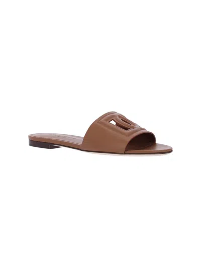 Dolce & Gabbana Slide Sandals With Cut Out Logo In Leather Woman In Brown