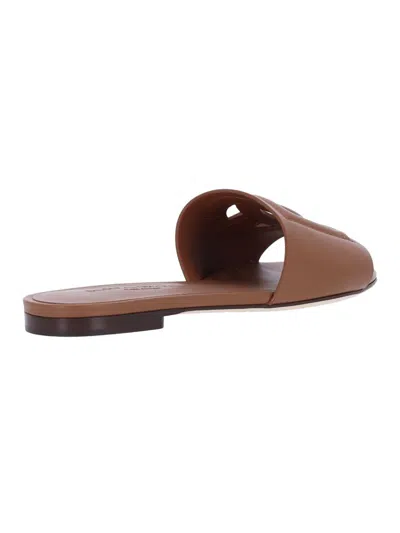 Dolce & Gabbana Slide Sandals With Cut Out Logo In Leather Woman In Brown