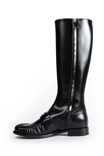 Prada Knee-high Leather Boots Glossy Finish In Black