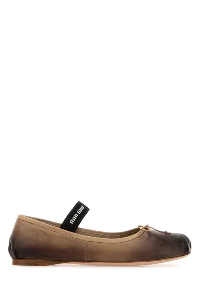 Miu Miu Leather Ballerinas Round Toe Gradient Bow In Brown
