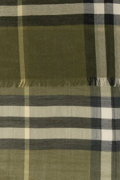 Burberry Wool Scarf Checked Pattern Fringed Edges In Green