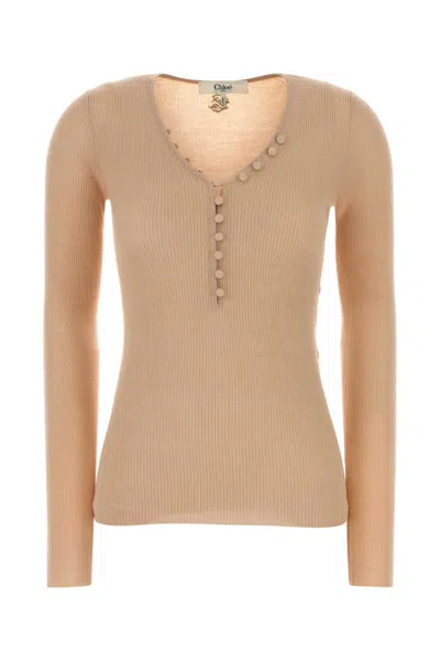 Chloé Wool V-neck Henley Top In Neutral