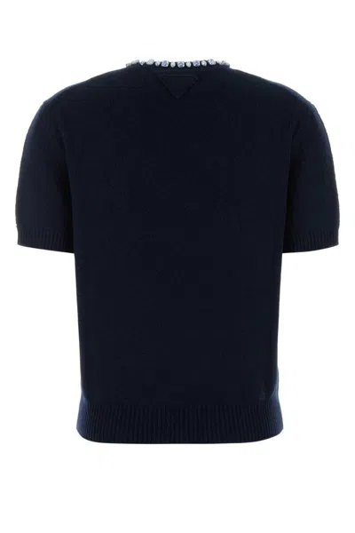 Prada Wool And Cashmere Crewneck Sweater With Jewel Details In Blue