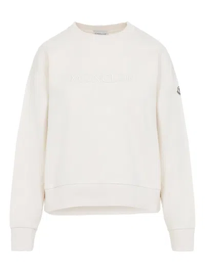 Moncler Crew Neck Sweatshirt Long Sleeves Ribbed Trims In White