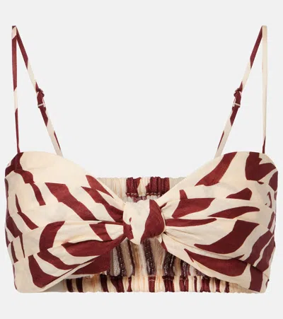 Johanna Ortiz Pleated Printed Linen Bra Top In Brown