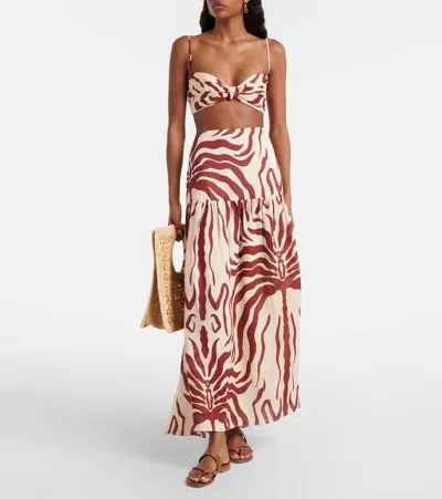 Johanna Ortiz Pleated Printed Linen Bra Top In Brown