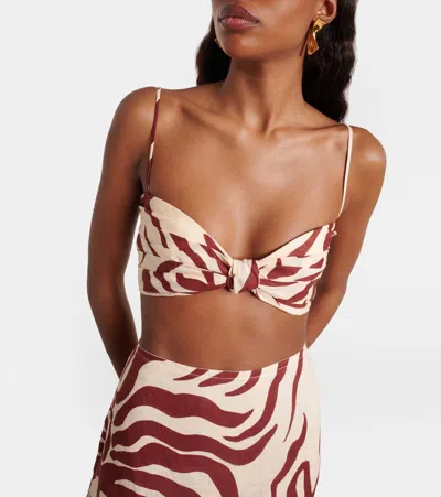 Johanna Ortiz Pleated Printed Linen Bra Top In Brown