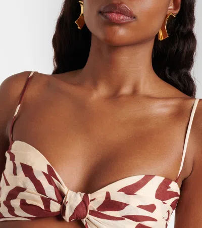 Johanna Ortiz Pleated Printed Linen Bra Top In Brown